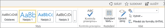 Snímek obrazovky s částí pásu karet SharePointu Online s ovládacími prvky Sdílet, Sledovat a Uložit.