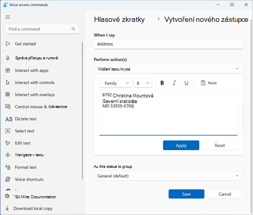 Vytvořit novou stránku zástupce s ukázkovou adresou vyplněnou v poli pro úpravy vložení textu a multimédií. Je to jako příklad, aby se Address jako shorctcuty.