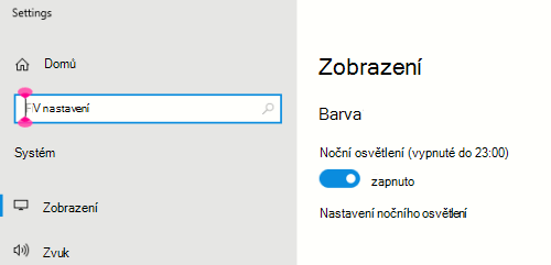 Možnost nočního osvětlení Windows vybraná v nastavení zobrazení.
