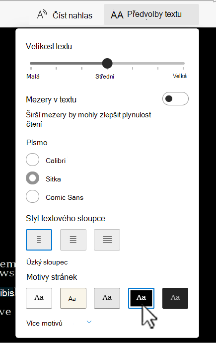 Asistivní čtečka možností předvoleb textu v Word