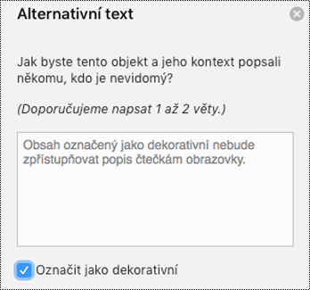 Zaškrtnuté políčko Označit jako dekorativní v podokně Alternativní text ve Wordu pro Mac