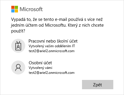 Přihlašovací obrazovka se dvěma e-mailovými adresami