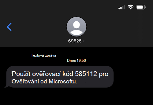 Snímek obrazovky s textovou zprávou SMS od Microsoftu s číslem 69525