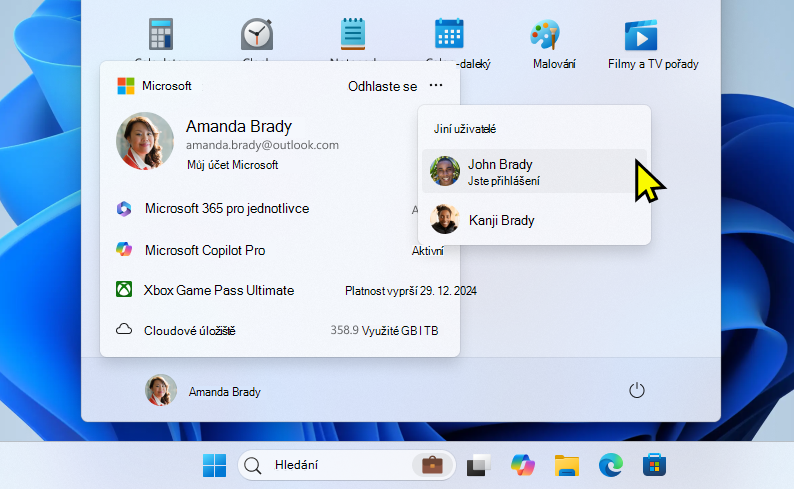 Snímek obrazovky s akcí Přepnout účet v nabídce Start