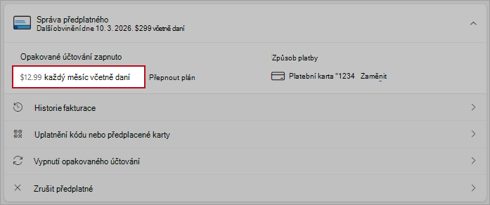 Snímek obrazovky s podrobnostmi o možnosti přepnout plán v možnostech opakované fakturace
