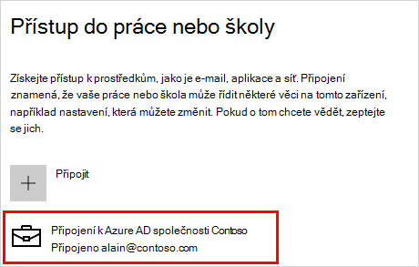 Přístup k pracovní nebo školní obrazovce s připojeným účtem Contoso