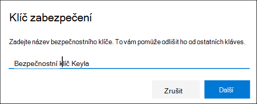 Stránka s bezpečnostními údaji s pojmenováním klíče zabezpečení