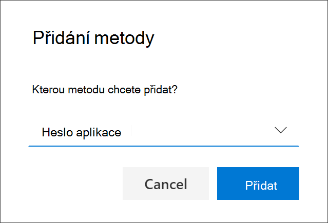 Pole Přidat metodu s vybranou možností Heslo aplikace