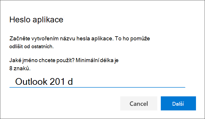 Snímek obrazovky se stránkou Heslo aplikace a zadaným názvem aplikace