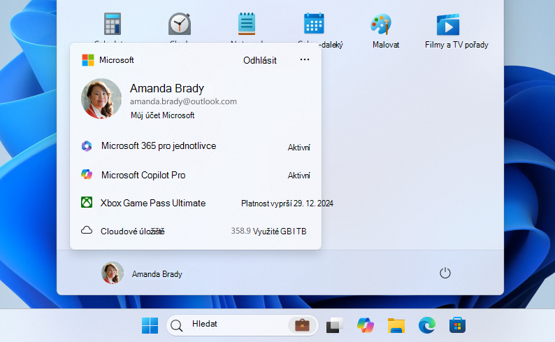 Snímek obrazovky s akcí odhlášení v nabídce Start