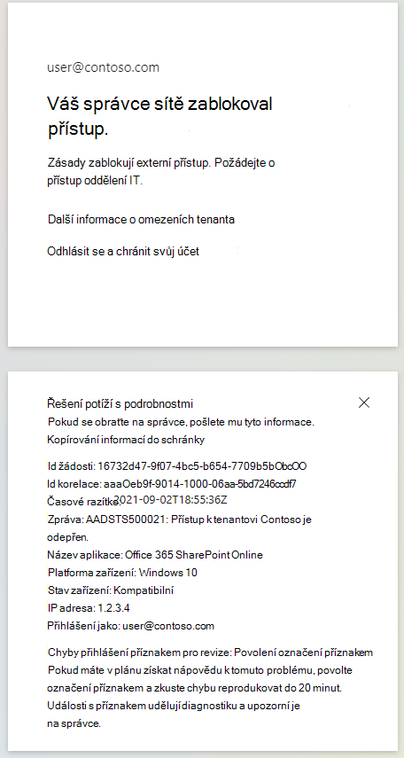 Přihlašovací stránka s oznámením, že platí omezení tenanta