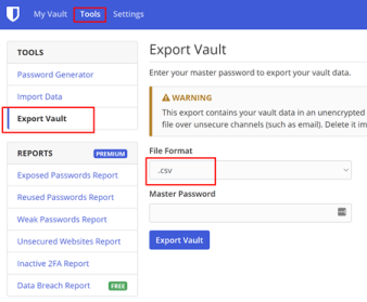Bitwarden – Umístění trezoru exportu
