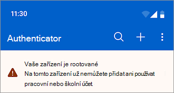 Snímek obrazovky znázorňující pracovní nebo školní účet zablokovaný na rootovaném zařízení s Androidem v aplikaci Microsoft Authenticator.