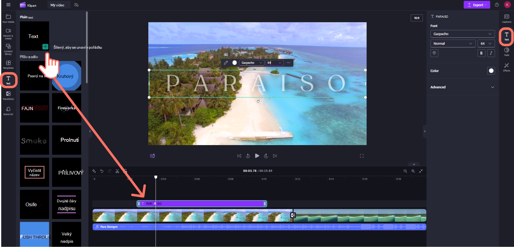 Snímek obrazovky s Clipchamp pro uživatele osobních účtů, kteří přidávají text na časovou osu úprav