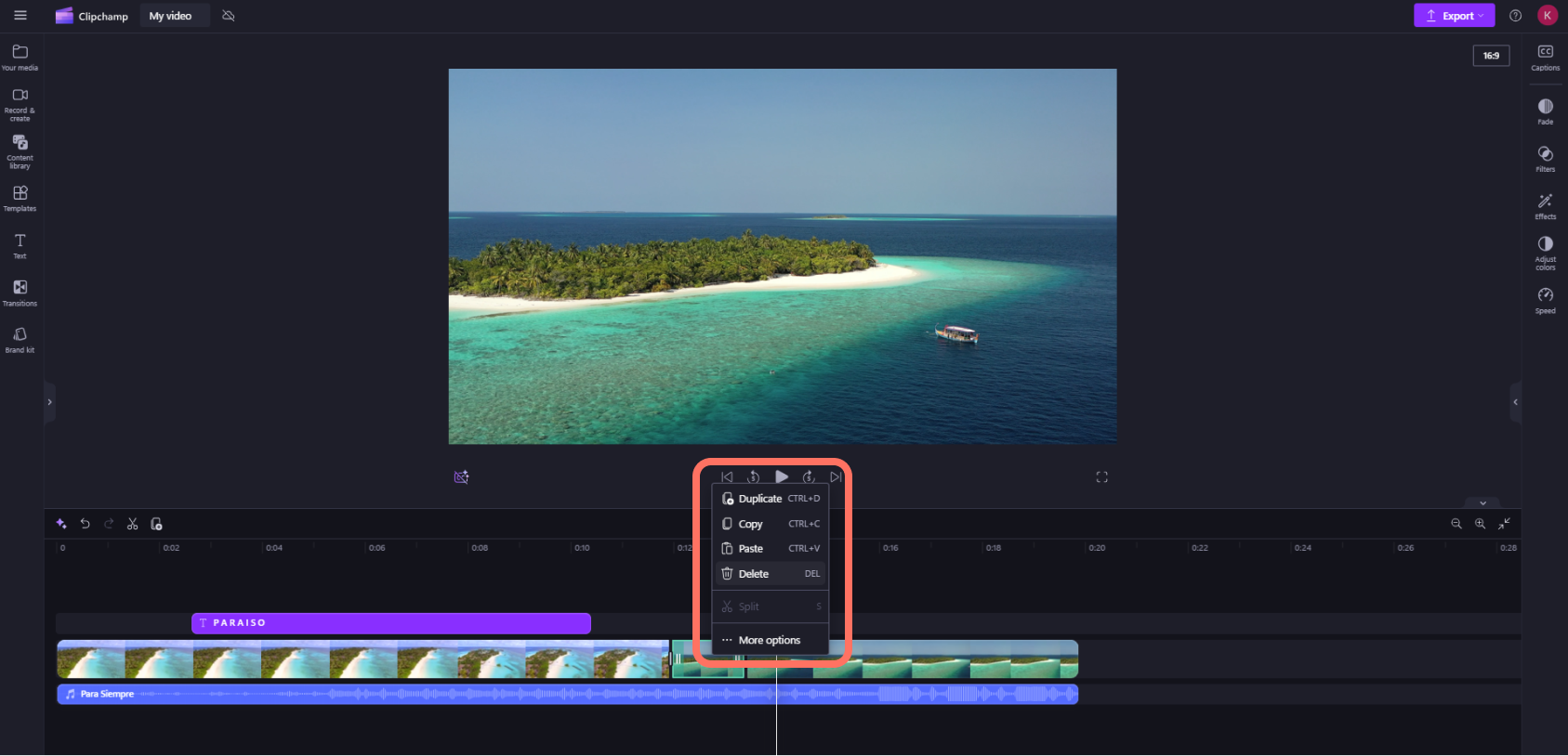 Snímek obrazovky s Clipchamp pro uživatele osobních účtů, kteří odstraňují videoklip z časové osy