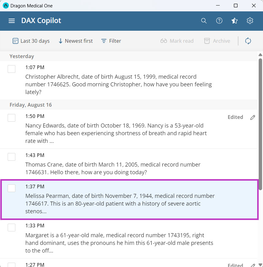 Image shows list of summaries in DAX Copilot