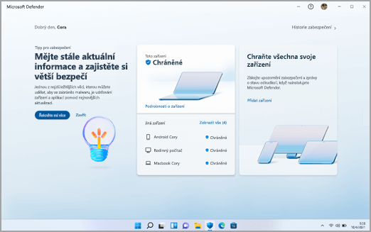Řídicí panel Microsoft Defender ve Windows