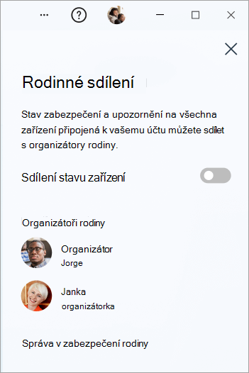 Panel Sdílení v rodině v programu Microsoft Defender ve Windows.