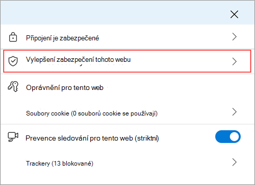 Nabídka Informace o webu v Microsoft Edgi zobrazující funkci Zvýšit zabezpečení tohoto webu.