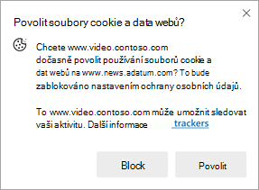 Screenshot výzvy, která se zobrazí, když některý web žádá o oprávnění používat soubory cookie a data webu na jiném webu.