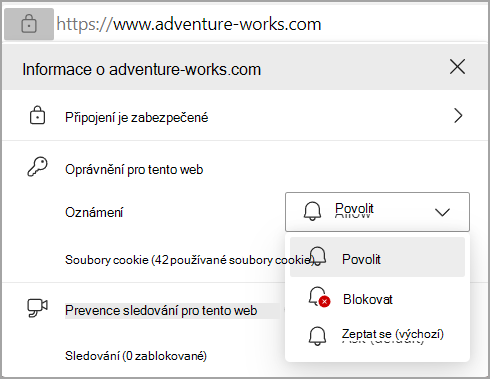 Obrázek znázorňující oprávnění Oznámení na panelu Adresa prohlížeče Edge