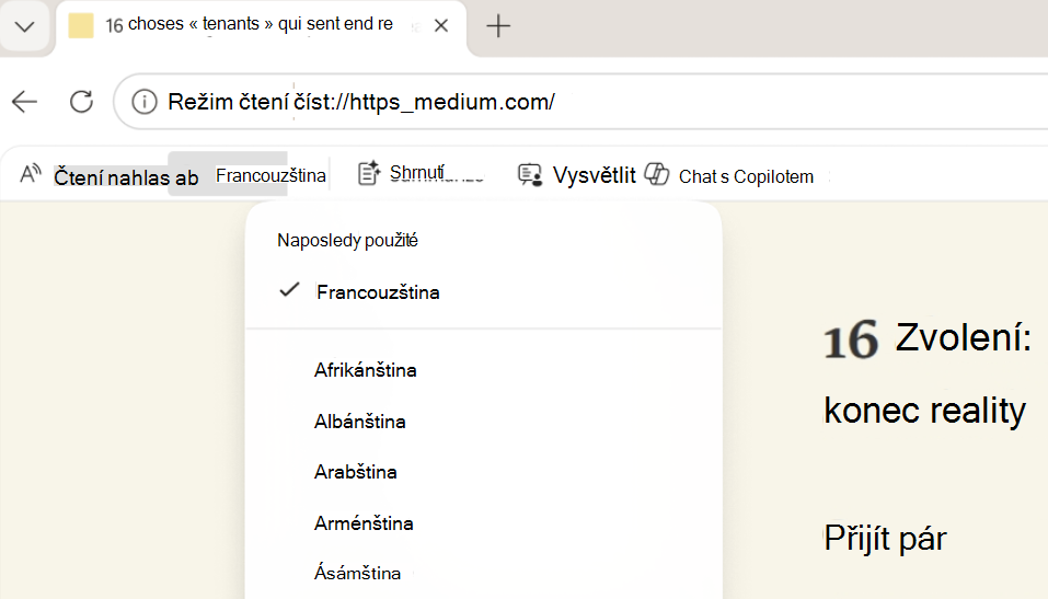 Snímek obrazovky s funkcí Přeložit v režimu čtení.
