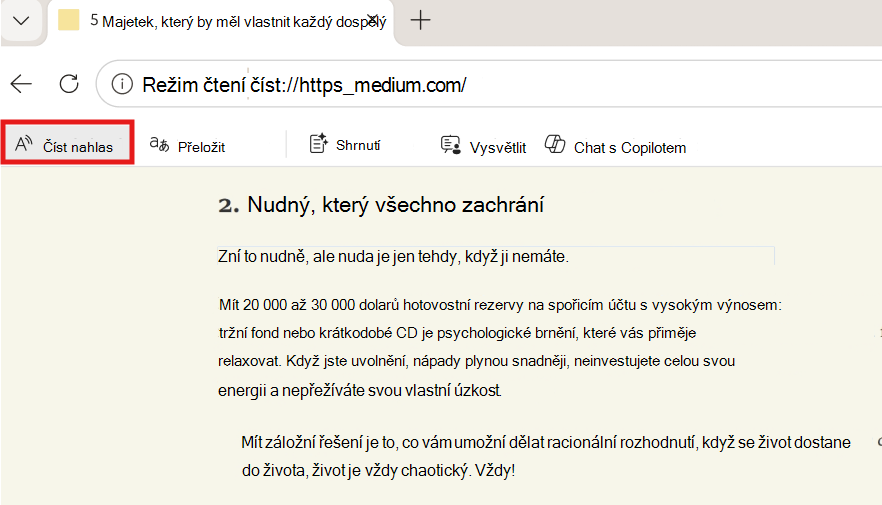 Snímek obrazovky s funkcí Číst nahlas
