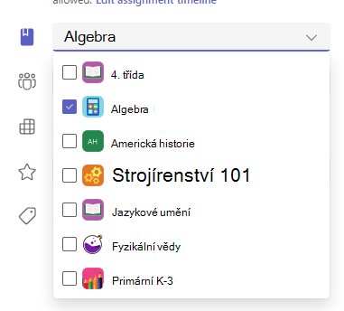 Snímek obrazovky s možnostmi přiřazení k