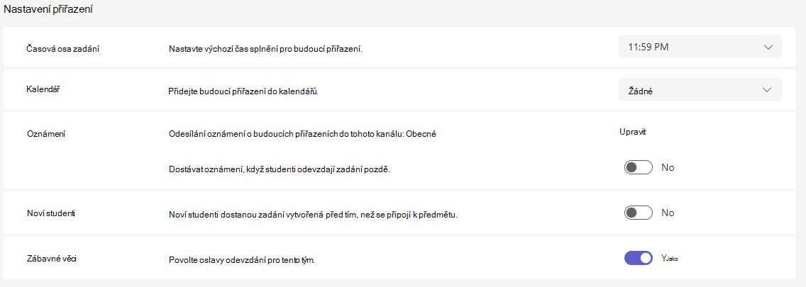 Snímek obrazovky s nastavením zadání.