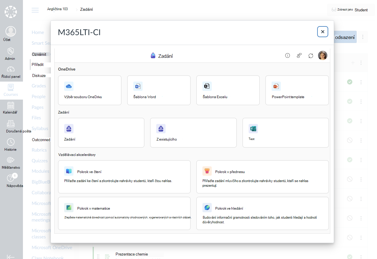 Zvolte Microsoft Education, který chcete vytvořit pro zadání nebo modul
