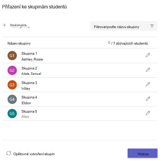 Snímek obrazovky s vytvořenými skupinami