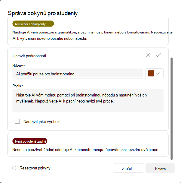 Snímek obrazovky s možnostmi správy pokynů pro AI