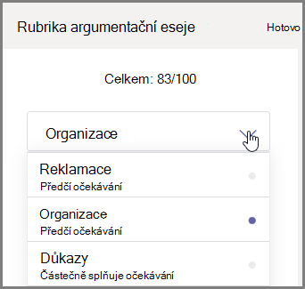 Vyberte oddíl zadání studenta, který chcete oznámkovat