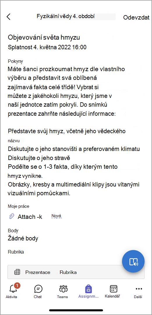 Snímek obrazovky s tím, co studenti vidí při odevzdání zadání v mobilní aplikaci Teams.