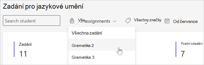 snímek obrazovky s dostupnými filtry v zobrazení Zadání a známky přehledů. Můžete vyhledávat podle studenta, podle zadání, podle značky nebo podle data.