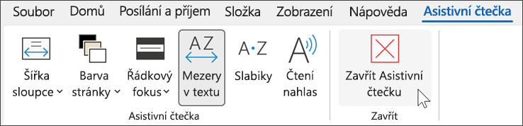Nástroj Asistivní čtečka v Outlooku s kurzorem najetým na zavření