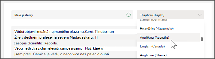 Snímek obrazovky zobrazující rozevírací seznam pro výběr jazyka
