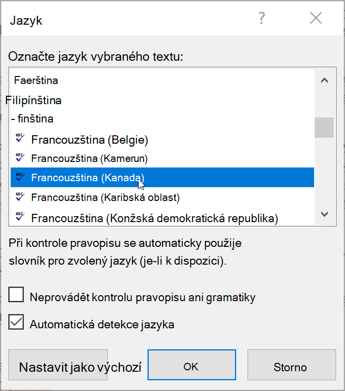 Snímek obrazovky z aplikace Word. Automaticky otevírané okno obsahuje seznam jazyků, které je možné vybrat. Je zaškrtnuto políčko Automaticky rozpoznávat jazyk.