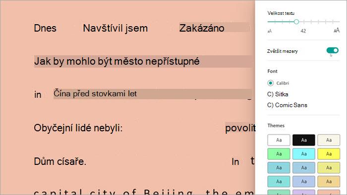 Snímek obrazovky s asistivní čtečkou v pokroku ve čtení. jsou zobrazeny možnosti včetně velikosti textu, mezer a barvy pozadí