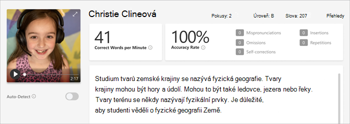 . Snímek obrazovky s podoknem revize v Pokroku ve čtení,