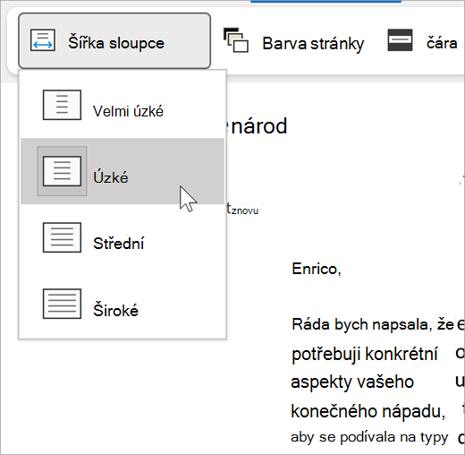 snímek obrazovky s rozevíracím seznamem šířky sloupce pro Asistivní čtečku, možnosti jsou velmi úzké, úzké, střední, široké