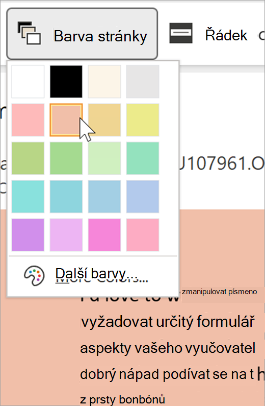 Snímek obrazovky s rozevírací nabídkou barvy stránky pro Asistivní čtečku. Zobrazí se barevná paleta a pozadí viditelné za rozevíracím seznamem je pastelově oranžové