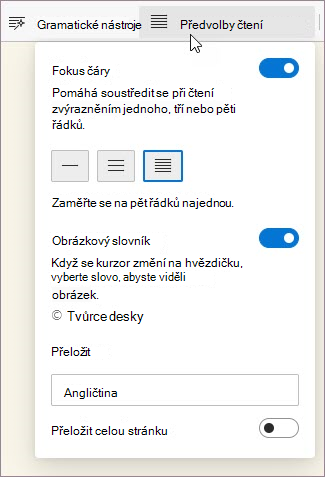 Předvolby čtení v Asistivní čtečka