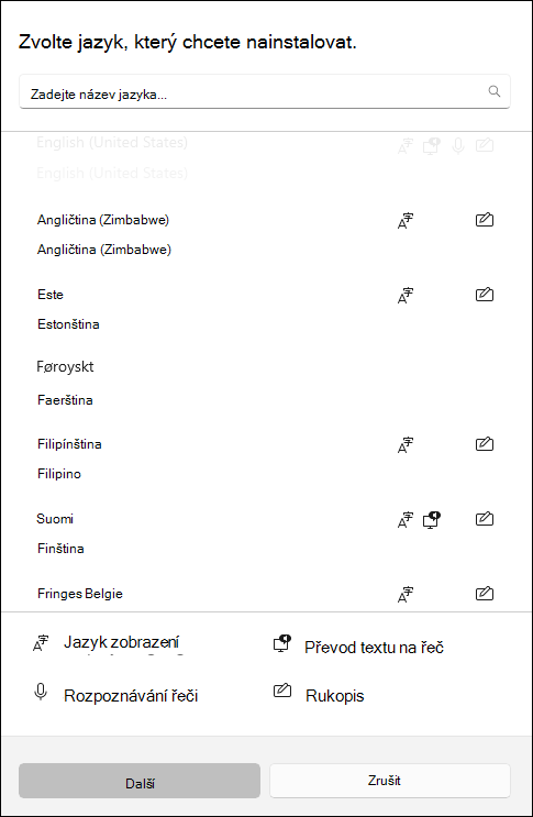 Snímek obrazovky s jazykovými sadami, které jsou k dispozici ke stažení v nastavení systému Windows 10.