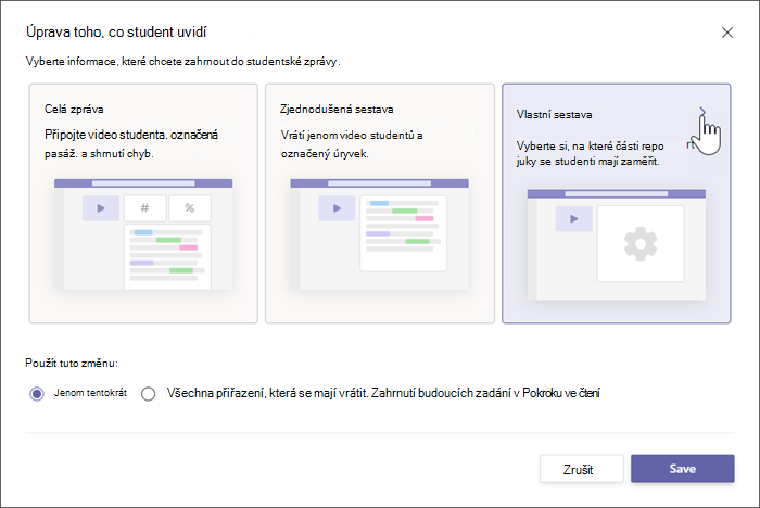 Pro studenty jsou zobrazeny dvě možnosti, celá zpráva obsahuje konkrétní číselné podrobnosti o výkonu studenta, zjednodušená zpráva ukazuje pouze to, která slova v textu student vynechal.