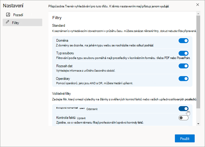 Snímek obrazovky s vlastním filtrem, jak se zobrazí v nastavení filtrů po jeho vytvoření. Dá se zapínat a vypínat.