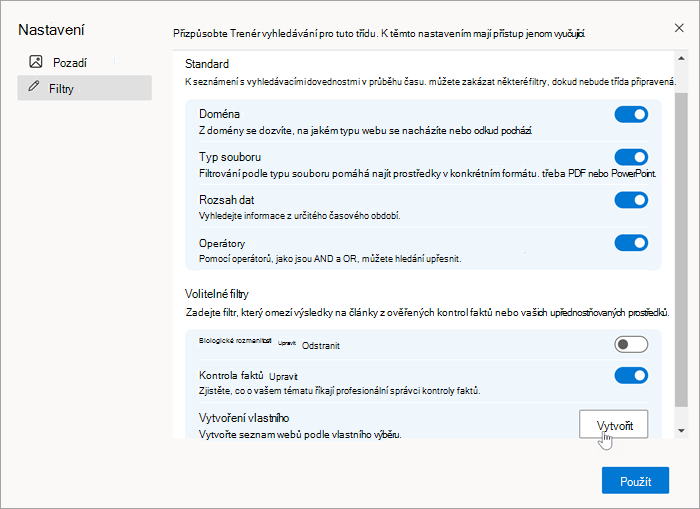 Snímek obrazovky oddílu filtrů v nastaveních pomocí myši výběrem možnosti Vytvořit při vytváření vlastních