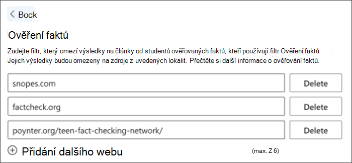 Snímek obrazovky s možností ověření faktů v nastaveních. V seznamu jsou tři výchozí weby pro ověřování faktů – je možné je odstranit a další je možné přidat, aby vyhovovaly potřebám učitelů.