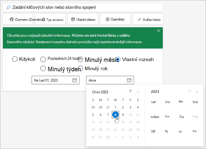 Snímek obrazovky s nástrojem pro výběr data po výběru vlastního rozsahu