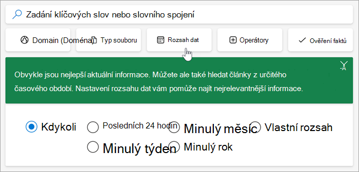 Snímek obrazovky s možnostmi rozsahu kalendářních dat, posledních 24 hodin, minulý týden, minulý měsíc, minulý rok, vlastní rozsah.